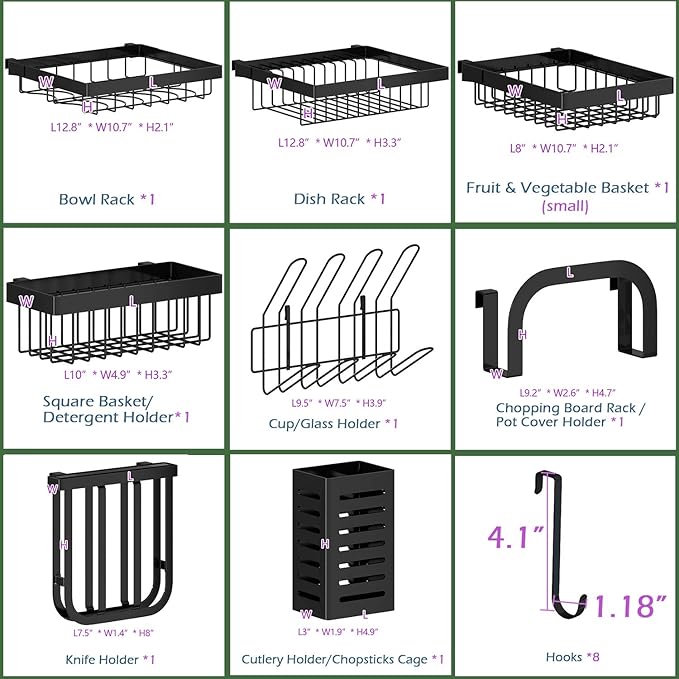 PUSDON Over Sink Dish Drying Rack Stainless Steel, Adjustable Large Dish Drainer for Storage Kitchen Organization Black 2 Tier - Standard(26"-38")
