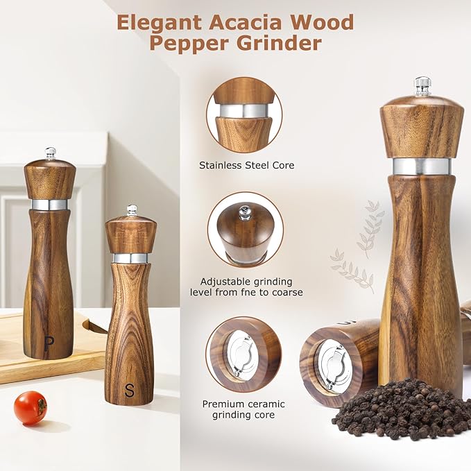 2 Pack Acacia Wood Salt and Pepper Grinder Set – 8” Manual Mills with Adjustable Ceramic Core, Stainless Steel, Tray, Spoon, Brush & Funnel – Rustic Wooden Gift Set for Kitchen or Table