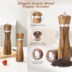 2 Pack Acacia Wood Salt and Pepper Grinder Set – 8” Manual Mills with Adjustable Ceramic Core, Stainless Steel, Tray, Spoon, Brush & Funnel – Rustic Wooden Gift Set for Kitchen or Table