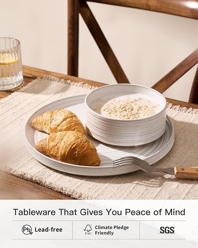 Stoneware Dinnerware Sets, Dish Set for 8, 24 Pieces Spiral Dishware Set with Straight Rim, Speckles & Reactive Glaze - Microwave and Dishwasher Safe Tableware, White