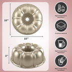 Bundt Cake Pan, 10-Inch Nonstick Round Fluted Tube Cake Baking Pan, Buntz Pound Cake Mold,Tube Bakeware,Baking Mold for Jello/Gelatin/Chocoflan/Flan, Non Toxic, Easy Clean - Gold
