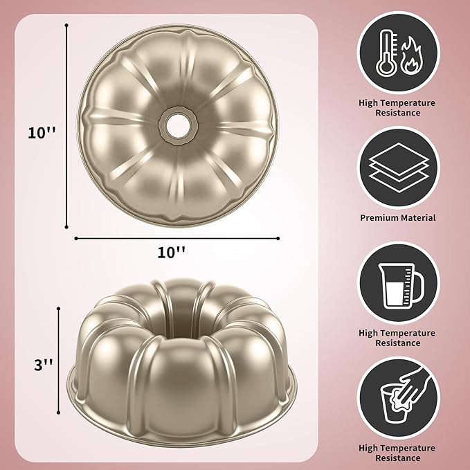 Bundt Cake Pan, 10-Inch Nonstick Round Fluted Tube Cake Baking Pan, Buntz Pound Cake Mold,Tube Bakeware,Baking Mold for Jello/Gelatin/Chocoflan/Flan, Non Toxic, Easy Clean - Gold