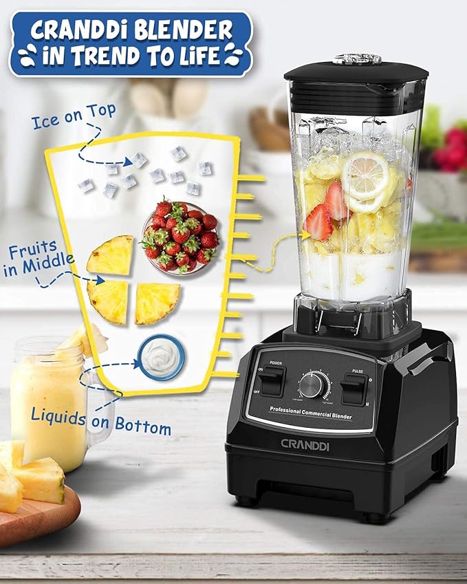 CRANDDI Professional Blender,1500 Watt Commercial Blenders for Kitchen with 70oz Capacity and Self-Cleaning, Classic Blenders for Shakes and Smoothies, Build-in Pulse, YL-010-B