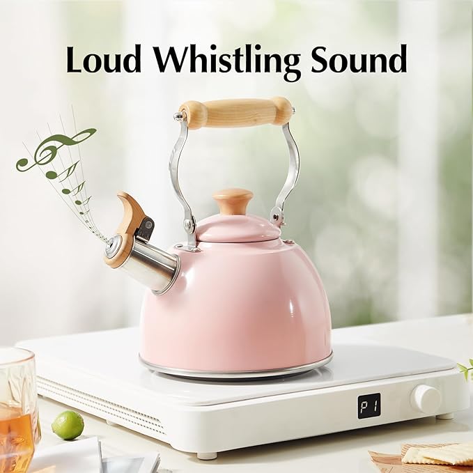ROCKURWOK Tea Kettle, Tea Pot with Cool Touch Ergonomic Handle, Teapot Food Grade Stainless Steel, Tea Kettle Stovetop, Kettle Teapot, Whistling Tea Kettles, Small Tea Pot, 1.6 Quart (Pink)