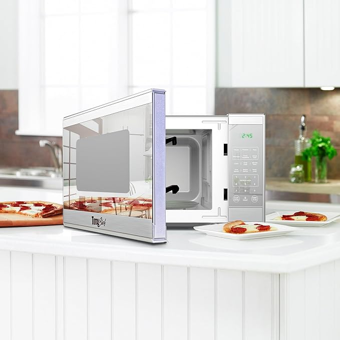 Total Chef Compact Countertop Microwave Oven, 1100W, 1.3 Cubic Feet Capacity, Digital Touchscreen Controls, One-Touch Push-Button Opening, 6 Pre-Set Cooking Modes, Silver Stainless Steel