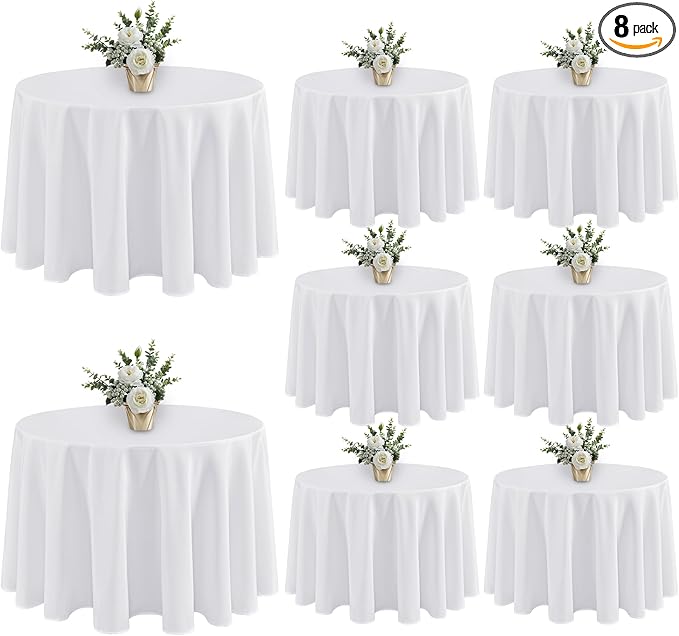 Fitable 8 Pack White Table Cloths 120 Inch Round - Stain Resistant and Washable Tableclothes, Polyester Fabric Table Covers for Wedding, Party, Banquet, Formal Events