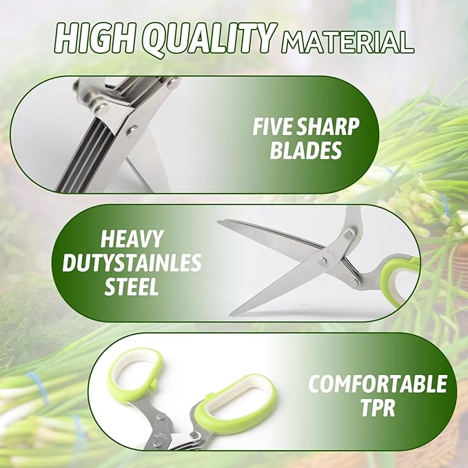 Herb Scissors SaladScissors, Upgrade HerbScissors with 5 Blades and Cover + 2 Brush, Kitchen SaladScissors with Herb Stripping, MultiScissors HerbCutter, Smart Cutter FoodScissors Chopper, Green