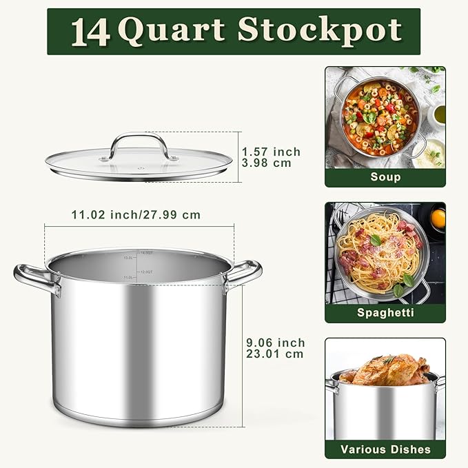 Leonyo 14 Quart Stock Pot with Lid, Stainless Steel StockPot with Lid, Tri-ply Bottom Induction Cooking Pot for Cooking, All Stove Compatible Up to 600℉ Soup Pot for Canning, Boiling, Simmer