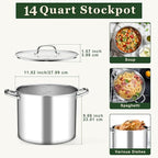 Leonyo 14 Quart Stock Pot with Lid, Stainless Steel StockPot with Lid, Tri-ply Bottom Induction Cooking Pot for Cooking, All Stove Compatible Up to 600℉ Soup Pot for Canning, Boiling, Simmer
