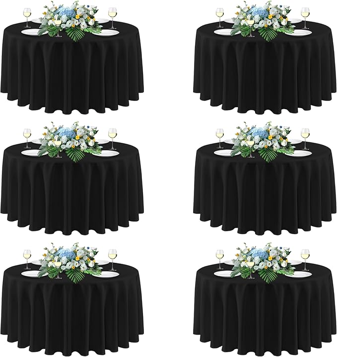 sancua 120 Inch Round Tablecloths Black, 6 Pack - Circle Fabric Cloth Table Cloths for Wedding Party Reception Banquet Birthday, Washable Polyester Table Cover (Fit 30-72 Inch Tables)