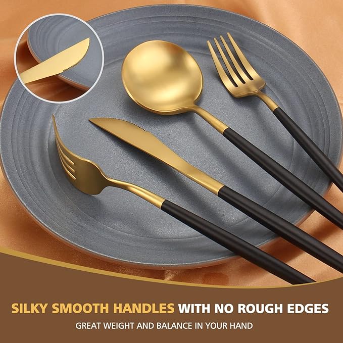 Matte Black Gold Silverware Set, Oliviola 40-Piece Stainless Steel Flatware Cutlery Set Service for 8, Satin Finish Kitchen Utensil Set, Dishwasher Safe