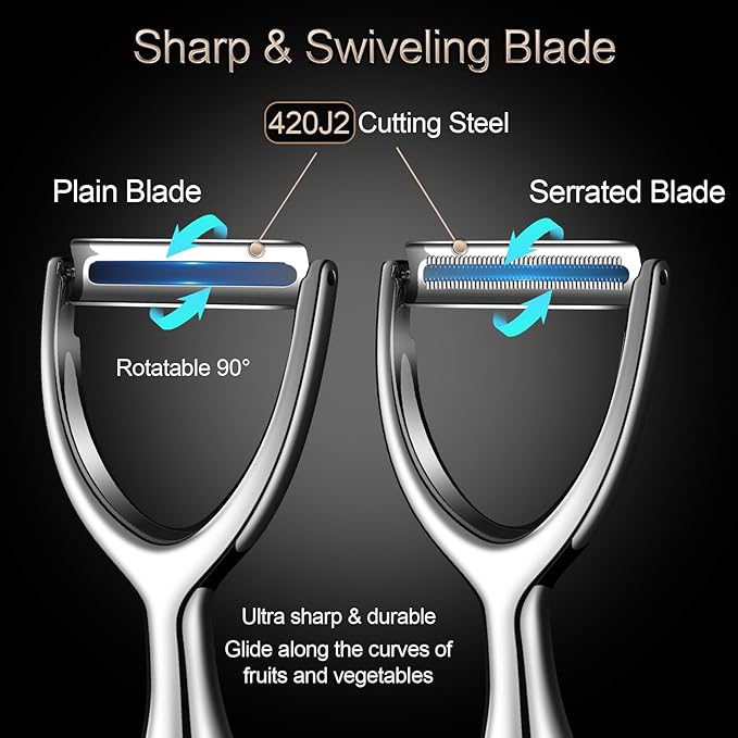 Premium Vegetable Peeler Stainless Steel, Ultra Sharp Peelers for Kitchen, Potato Peeler Rotary Blade, Fruit Veggie Y Peelers Ergonomic Thickened Handle - 5 Years Warranty (Serrated + Plain)