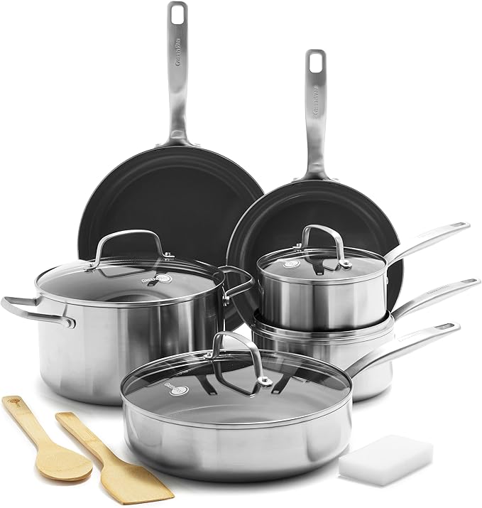 GreenPan Chatham Tri-Ply Stainless Steel 12 Piece Cookware Set, PFAS-Free Pots and Pans, Multiclad, Induction Ready, Fry Saute Sauce Pans, Stockpot, Dishwasher Safe, Oven & Broiler Safe, Silver