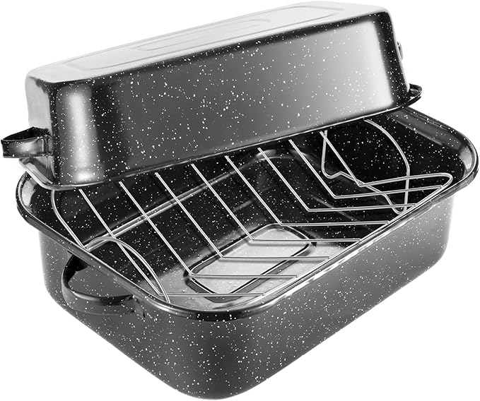 Roasting Pan with Rack, 21” Rectangular Granite Roaster Pan, 25lb Capacity, Large Roaster Pot for Baking Turkey with Versatile Lid