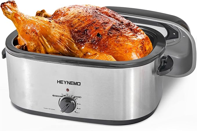 Electric Roaster Oven 26 Quart, Electric Turkey Roaster with Viewing & Self-basting Lid, Large Roaster Pan with Defrost & Warm Function, Stainless Steel Turkey Roaster Oven, Silver