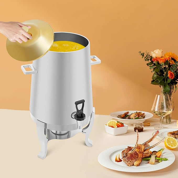 Coffee Urn with Fuel Holder 3.5 Gal/13L, Stainless Steel Beverage Dispenser Hot Drink Dispenser with Stand, Tea Water Coffee Chafer Urn for Parties Buffet Catering Commercial Home (Gold Lid)