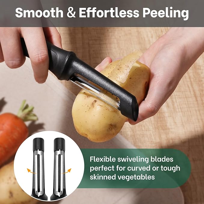 Beneno Swivel Vegetable Peeler, Razor-Sharp Smooth Peeling Stainless Steel Blades, Ergonomic Comfort Non-Slip Rubber Handle, Durable Kitchen Peeler Tool with Potato Eye Remover, Dishwasher Safe, Black