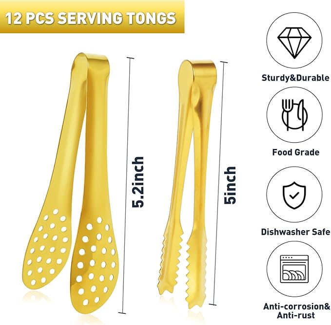 JCREN 12 Pack Mini Tongs - Small Stainless Steel Food Tongs for Serving Appetizers, Tea Party, Coffee, Desserts - 5 inch - Gold