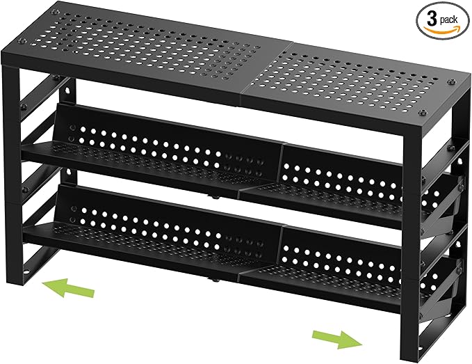 Expandable, Stackable, Adjustable Spice Rack Kitchen Organizer,Metal Pantry Storage Shelves - Multi-Tier Shelf for Cabinet, Countertop, Pantries, Cupboard or Wall Mount,Black