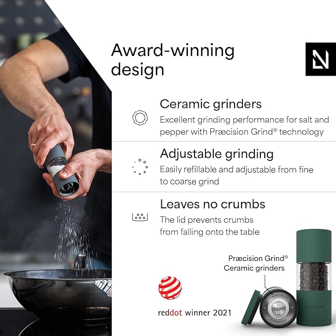 LARS NYSØM Salt and Pepper Grinder Set I Salt and Pepper Mills with Adjustable Ceramic Grinder 2 pieces I Manual Design Spice Mill Set (Pine Green)