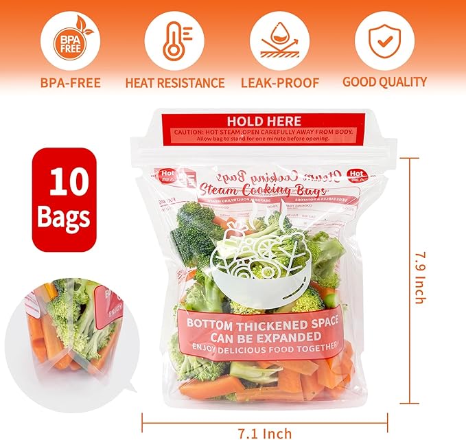 10×Steam Cooking Bags Microwave Steamer Bags Widen the Bottom Stand Upright Zipper Steam Bags for Vegetables,Potatoes and Meat (1 Pack)