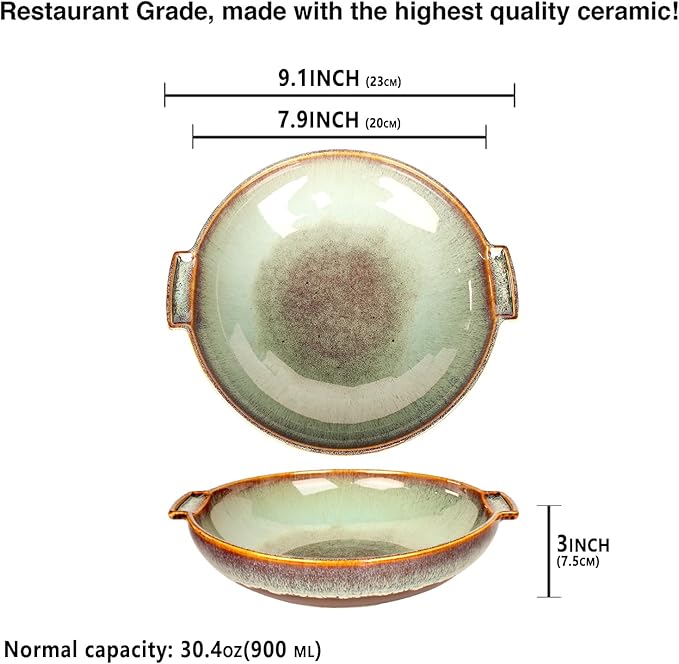 Round Casserole Dish Set of 2, 30 oz Ceramic Au gratin Baking Dish, Baking Pan with Handles or for mixing, salad, pasta bowl, Best gift for those who love baking, Microwave, Oven safe