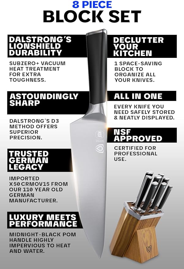 Dalstrong Knife Block Set-8pc-Vanquish Series-Forged High Carbon German Steel-Kitchen Knife Set-Premium Wood Block-Black POM Handle-NSF Certified-Men's Valetines Gift