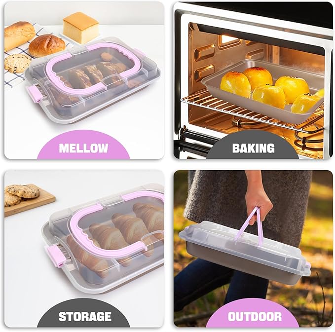 Rectangular Cake Pan with Lid, 9 x 13 Inch Baking Pan With Lid and Handle, Nonstick Bakeware Bake & Roast & Cook Carrier Pan, Champagne