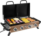 GD4002TPY Portable Tabletop Grill & Griddle Combo with Hood, 4-Burner Portable Propane Gas Grill Griddle Combo for Backyard, Camping, Picnicking and Tailgating, 40,000 BTU, Bronze Gold