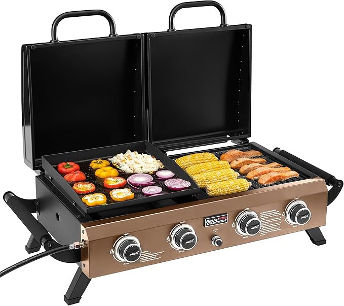 GD4002TPY Portable Tabletop Grill & Griddle Combo with Hood, 4-Burner Portable Propane Gas Grill Griddle Combo for Backyard, Camping, Picnicking and Tailgating, 40,000 BTU, Bronze Gold