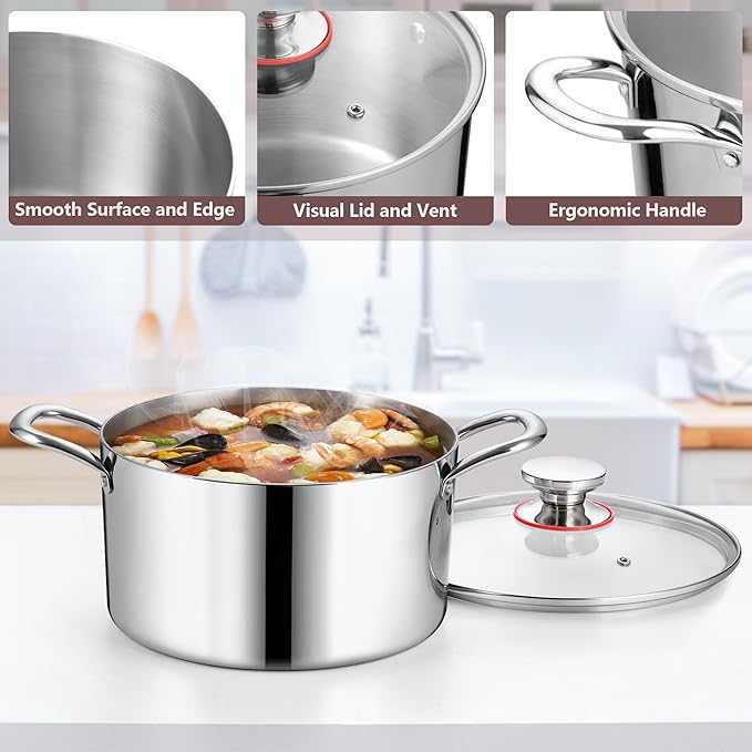 Homikit Tri-ply Stainless Steel Stockpot, 7.5 Quart Large Cooking Pot with Glass Lid, Kitchen Induction Soup Pasta Pot with Double Handle for Gas Electric Stoves, Oven and Dishwasher Safe