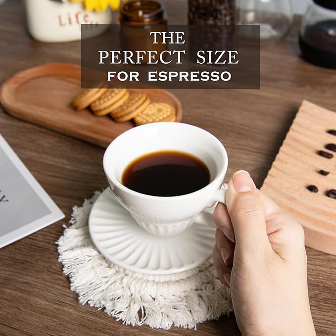 2 oz White Espresso Cups Set of 2, Ceramic Cappuccino Cups with Saucers, Durable Porcelain Tea Set & Modern Coffee Cup Collection, Coffee Lover Gifts