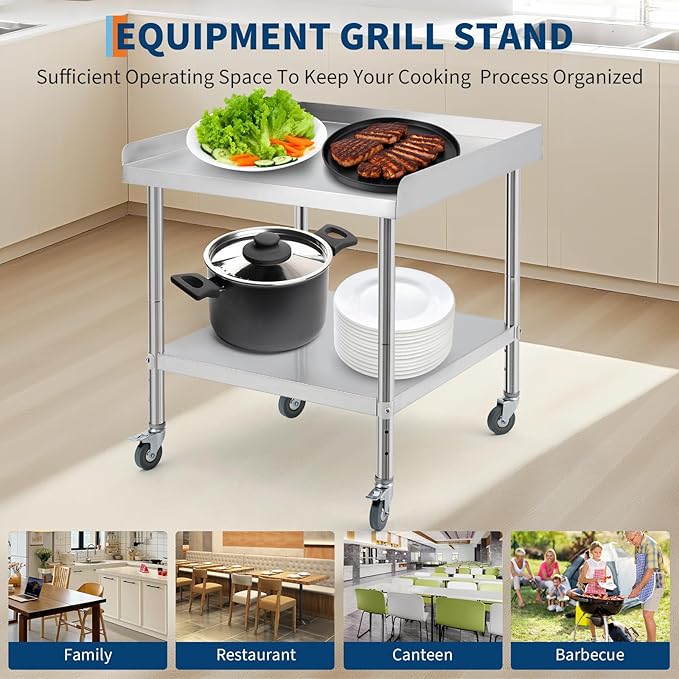 24x24x30 Inch Stainless Steel Equipment Grill Stand Table NSF Certified with 5" Wheels, 400 Lbs Capacity, 2" Edge Baffle, for Hotel, Home, Commercial Restaurant Kitchen