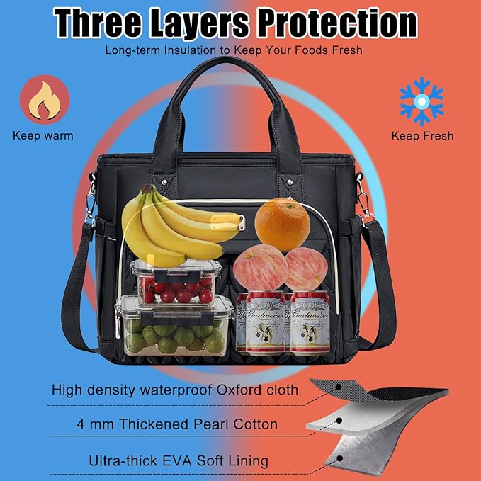 Weitars Insulated Lunch Bag for Women,Leak Proof Lunch Box for Work,Extra Large Lunch Tote Bag With Removable Shoulder Strap with Side Pockets,Reusable Lunch Bag For Picnic Hiking (Black-02)