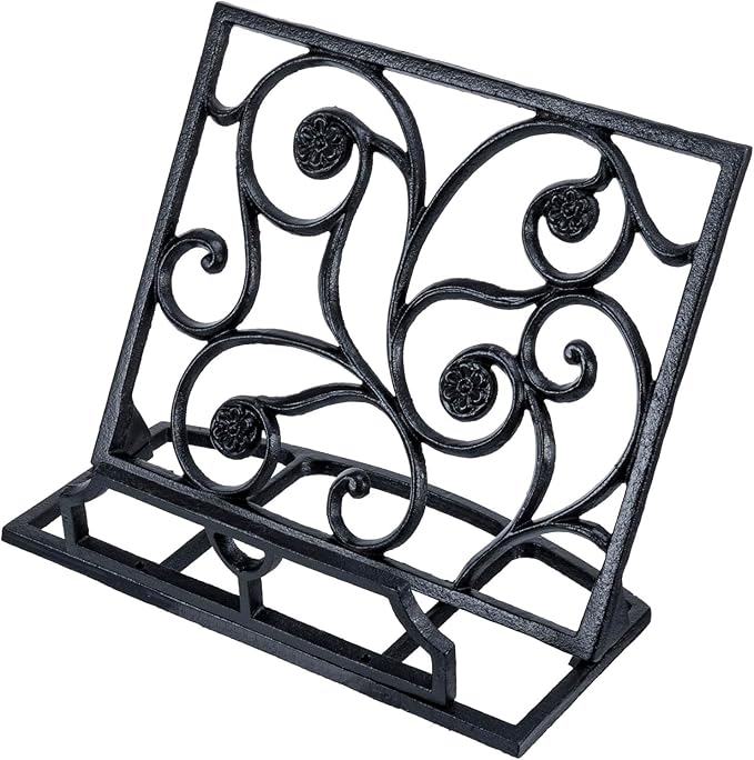 MyGift Black Metal Cookbook Holder Stand with Decorative Cookbook Word Cutout and Tree Silhouette Design, Countertop Recipe Book Tablet Easel Holder with Folding Kickstand (Art Deco)