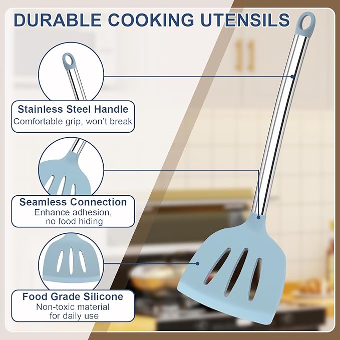 8PCS Kitchen Utensils Set, Vayvnt Heat Resistant Silicone Utensils Set for Cooking, Non Scratch Spatula Spoons for Non Stick Pan, Large Kitchen Cooking Tools, Metal Long Handle&Dishwasher Safe, Blue