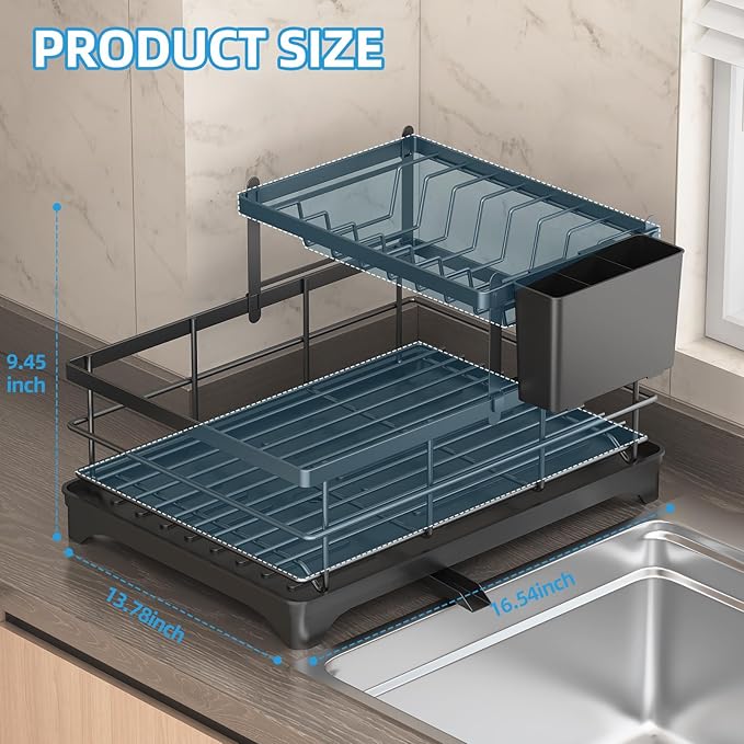 Dish Drying Rack for Kitchen Counter 2 Tier – Large Large Stainless Steel Dish Drainer with Drainboard & Utensil Holder, Bowl Rack，Easy Stallation Quick Drying Black Dish Rack Organizer,1-Pack
