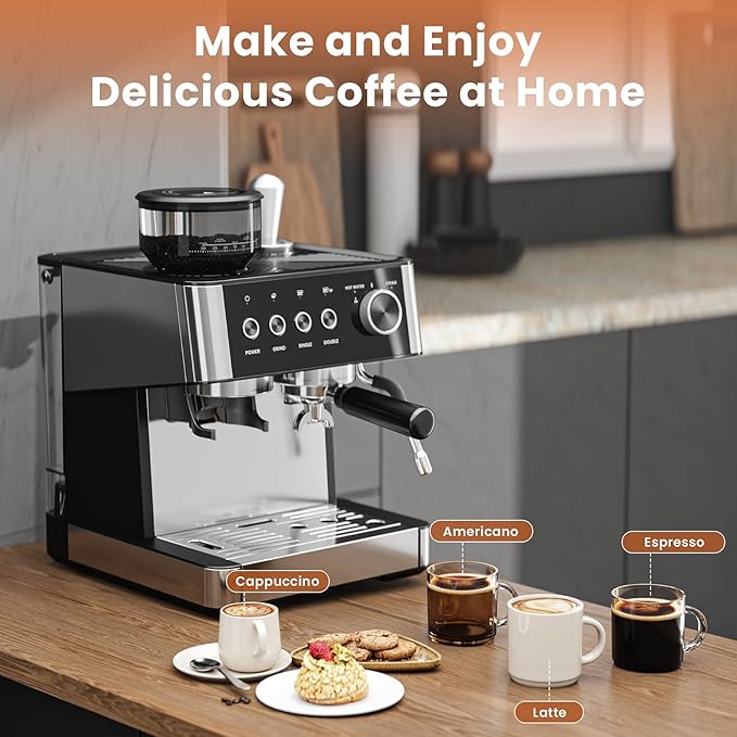 WAA Espresso Machine 20 Bar, Stainless Steel Expresso Coffee Machines with Grinder, Latte & Cappuccino Machine with Milk Frother Steam Wand for Home