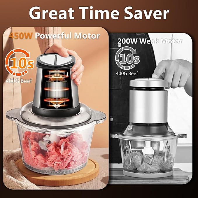 Electric Food Processor, 450W Meat Grinder Vegetable Chopper with 8cup/2L Glass Bowl, Electric Meat Chopper Veggie Cutter with 2 Speeds＆4 Blades, Kitchen Blender Mixer for Baby Food Puree,Garlic,Onion