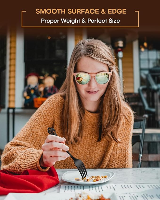 EUIRIO 48 Pieces Royal Black Silverware Set for 8, Retro Gorgeous Flatware Set with Steak Knives, Premium Stainless Steel Vintage Cutlery Set with Forks Spoons and Knives, Dishwasher Safe