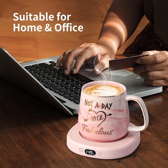 Coffee Mug Warmer & Not A Day Mug Set, Coffee Cup Warmer for Desk, 3 Temperature Setting, Smart Electric Beverage Warmer for Coffee, Tea, 8-Hours Auto Shut Off