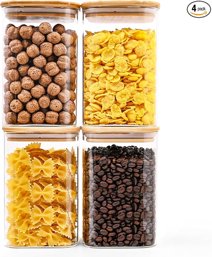 Glass Food Storage Jars Square 37oz, 4 Pack Glass Jars With Bamboo Lids, Kitchen Storage Containers For Spice, Candy, Cookie, Storage For Pantry Organizers