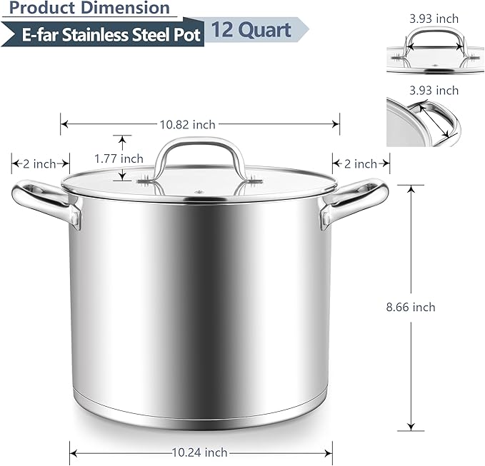 E-far 12 Quart Cooking Stock Pot, Large Stainless Steel Pot for Canning Simmering Stewing, Heavy Duty Cookware with Tri-ply Base for Induction Gas Stoves, Soup Pots with Glass Lid, Dishwasher Safe