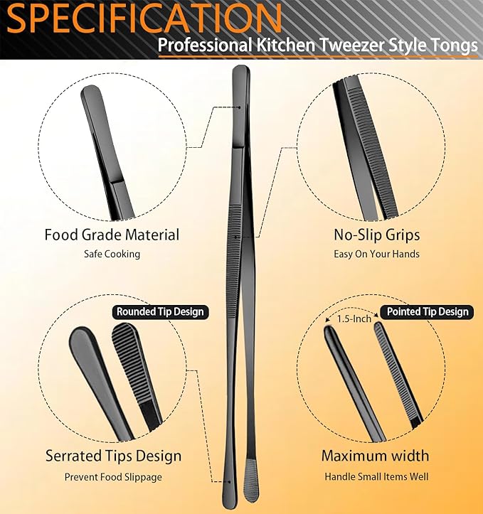 JETKONG 6 Pcs Cooking Tweezer Tongs, 12'' and 6.3" Stainless Steel Kitchen Tweezer Set, Professional Chef Tweezers for Cooking, Repairing, Sea Food, BBQ, Multi-use (Black)