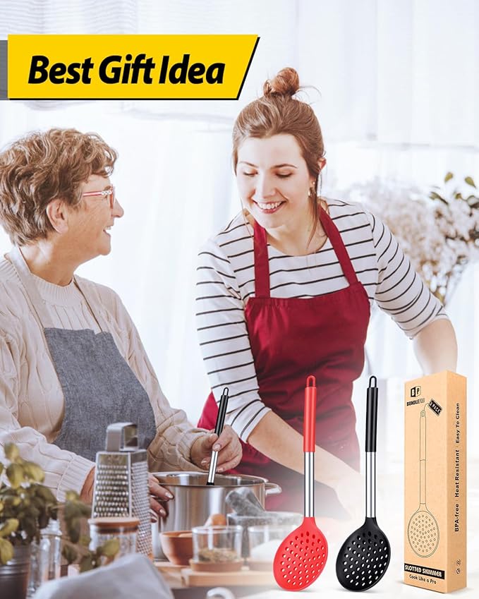 Kitchen Ladle Strainer Set of 2 Large Slotted Spoon with High Heat Resistant BPA Free Non Stick Cooking Skimmers For Draining and Frying (Black and Red)