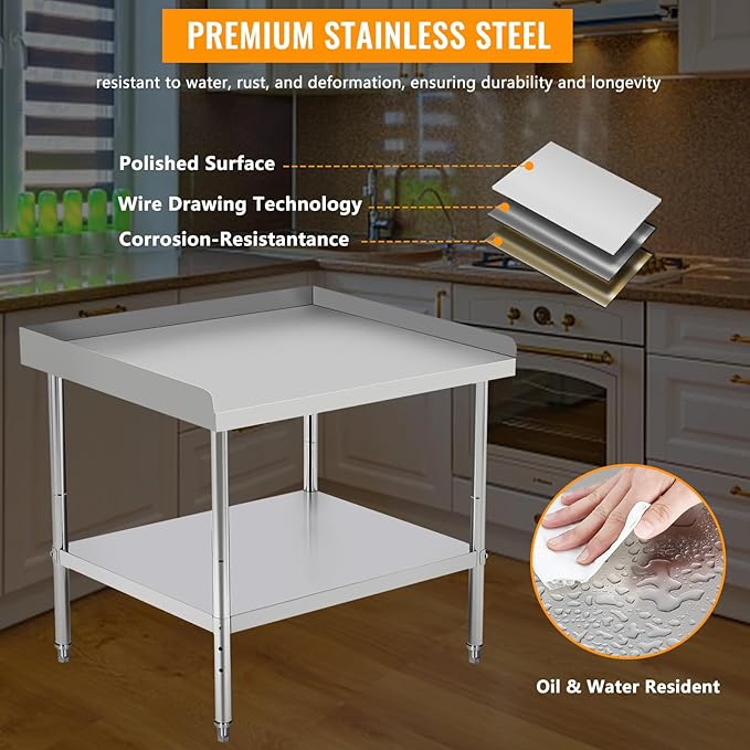 36x28x30 Inch Stainless Steel Equipment Grill Stand Table 400 Lbs Capacity NSF Certified with Adjustable Legs, 2" Edge Baffle, for Hotel, Home, Commercial Restaurant Kitchen