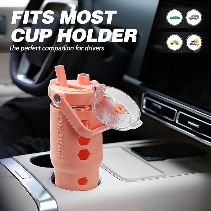 MUKOKO 32 oz Glass Tumbler with Straw,Glass Water Bottles with Time Marker,Iced Coffee Cup with Silicone Sleeve,Motivational Drinking Bottles,Leakproof-Coral Pink