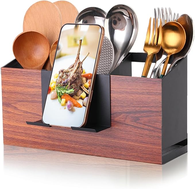 Utensil Holder Large Iron Flatware Container with 3 Compartments Countertop Wall-mounted Kitchen Utensil Storage (Black)