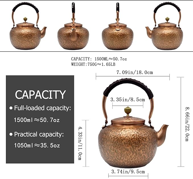 50.7oz Elegant Chinese Style Copper Tea Kettle For Stovetop, Non-Coating Pure Copper Teapot with Stainless Steel Infuser For Loose Tea, Large and Solid Tea Pot(1500ml)