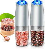 Rongyuxuan Gravity Salt and Pepper Mill Set,Electric Automatic Pepper Grinder Mill Shaker with Battery Powered,Stainless Steel,Blue LED Light,Adjustable Coarseness,One Hand Use,Light Grey